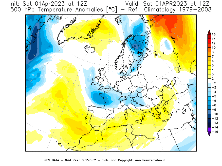 Mappa di analisi GFS - Anomalia Temperatura [°C] a 500 hPa in Europa
							del 01/04/2023 12 <!--googleoff: index-->UTC<!--googleon: index-->