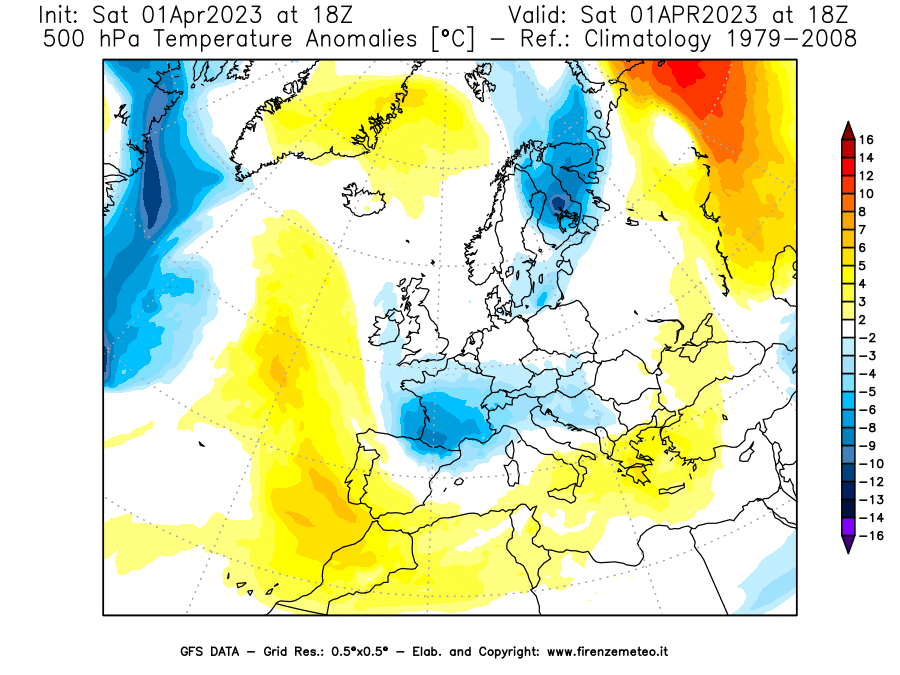 Mappa di analisi GFS - Anomalia Temperatura [°C] a 500 hPa in Europa
							del 01/04/2023 18 <!--googleoff: index-->UTC<!--googleon: index-->