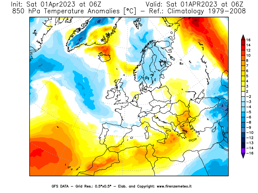 Mappa di analisi GFS - Anomalia Temperatura [°C] a 850 hPa in Europa
							del 01/04/2023 06 <!--googleoff: index-->UTC<!--googleon: index-->