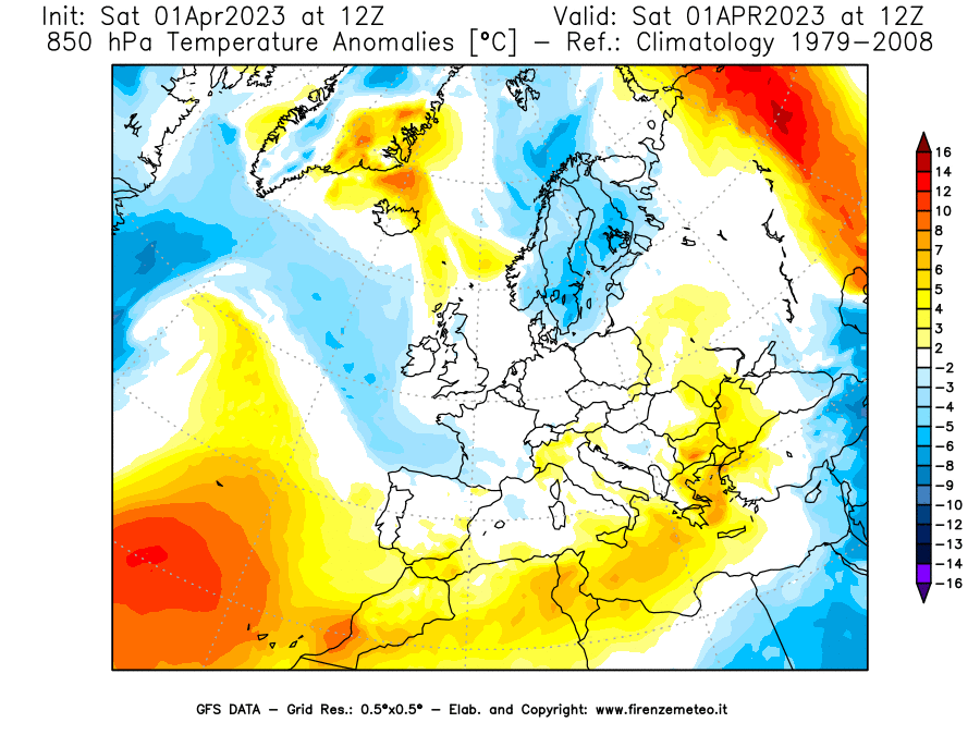 Mappa di analisi GFS - Anomalia Temperatura [°C] a 850 hPa in Europa
							del 01/04/2023 12 <!--googleoff: index-->UTC<!--googleon: index-->