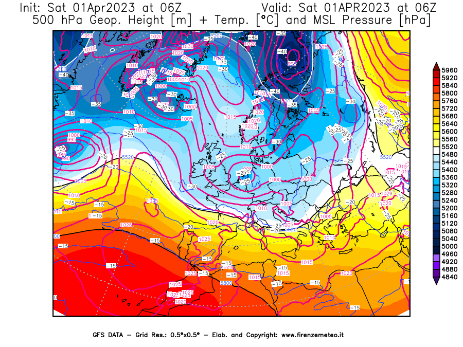 GFS analysi map - Geopotential [m] + Temp. [°C] at 500 hPa + Sea Level Pressure [hPa] in Europe
									on 01/04/2023 06 <!--googleoff: index-->UTC<!--googleon: index-->