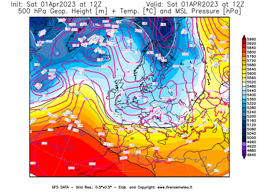 GFS analysi map - Geopotential [m] + Temp. [°C] at 500 hPa + Sea Level Pressure [hPa] in Europe
									on 01/04/2023 12 <!--googleoff: index-->UTC<!--googleon: index-->