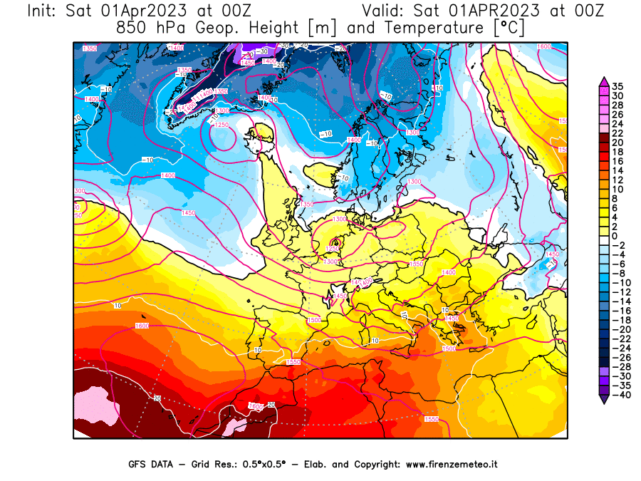 Mappa di analisi GFS - Geopotenziale [m] e Temperatura [°C] a 850 hPa in Europa
							del 01/04/2023 00 <!--googleoff: index-->UTC<!--googleon: index-->