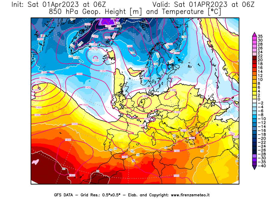 GFS analysi map - Geopotential [m] and Temperature [°C] at 850 hPa in Europe
									on 01/04/2023 06 <!--googleoff: index-->UTC<!--googleon: index-->