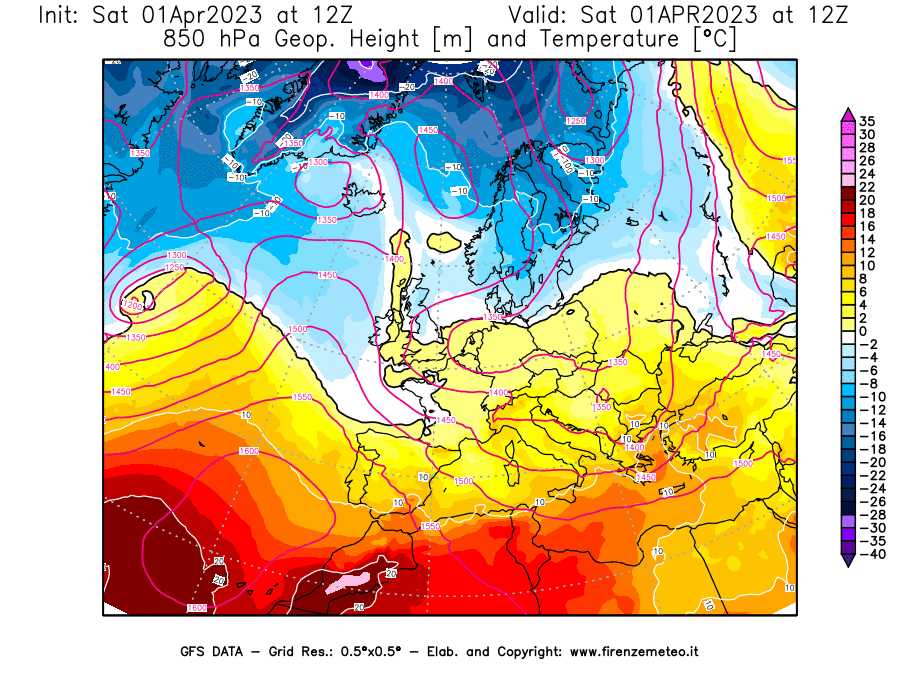 Mappa di analisi GFS - Geopotenziale [m] e Temperatura [°C] a 850 hPa in Europa
							del 01/04/2023 12 <!--googleoff: index-->UTC<!--googleon: index-->
