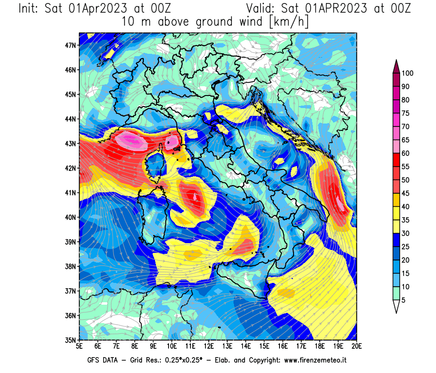 GFS analysi map - Wind Speed at 10 m above ground [km/h] in Italy
									on 01/04/2023 00 <!--googleoff: index-->UTC<!--googleon: index-->