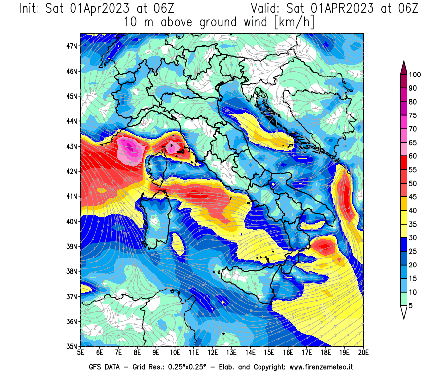GFS analysi map - Wind Speed at 10 m above ground [km/h] in Italy
									on 01/04/2023 06 <!--googleoff: index-->UTC<!--googleon: index-->