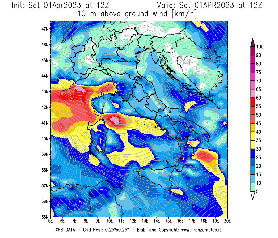 Mappa di analisi GFS - Velocità del vento a 10 metri dal suolo [km/h] in Italia
							del 01/04/2023 12 <!--googleoff: index-->UTC<!--googleon: index-->
