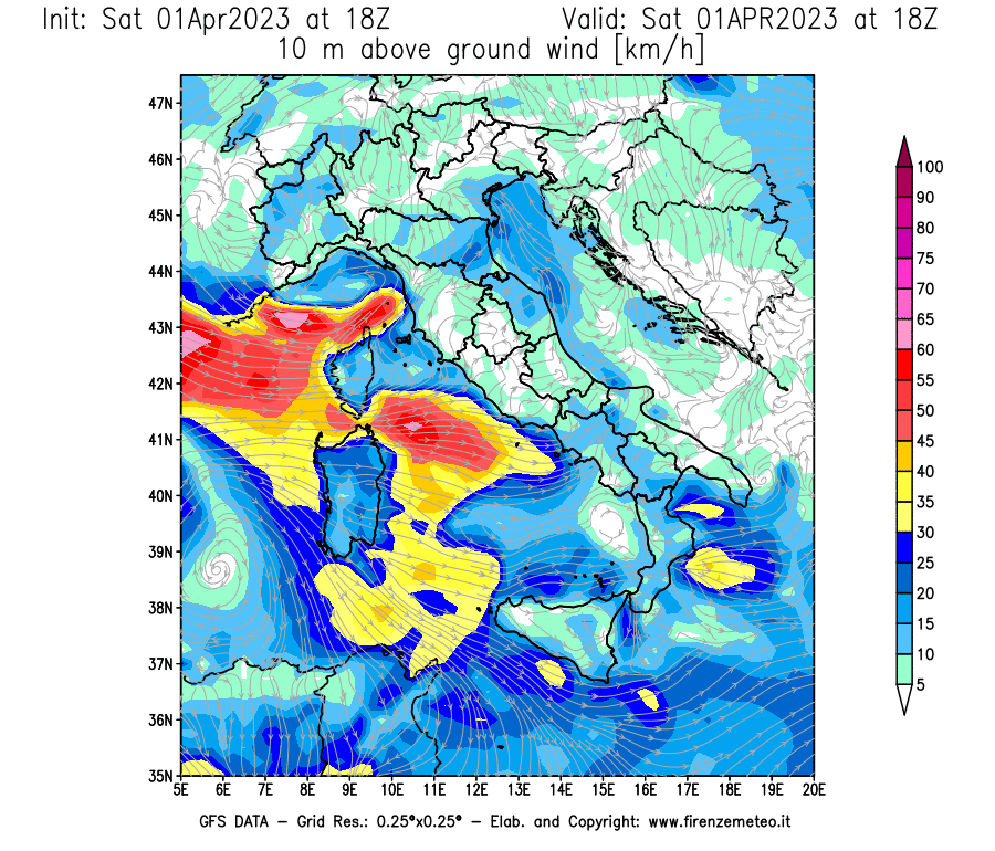 Mappa di analisi GFS - Velocità del vento a 10 metri dal suolo [km/h] in Italia
							del 01/04/2023 18 <!--googleoff: index-->UTC<!--googleon: index-->