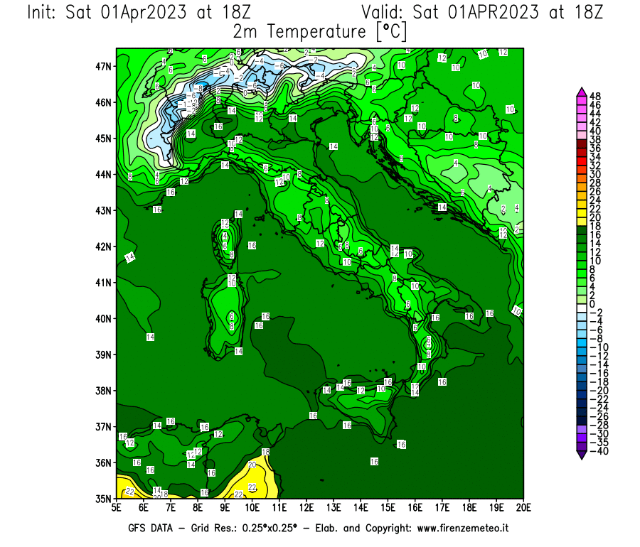 GFS analysi map - Temperature at 2 m above ground [°C] in Italy
									on 01/04/2023 18 <!--googleoff: index-->UTC<!--googleon: index-->