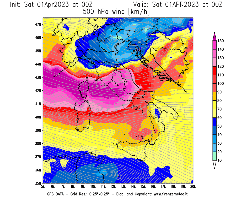 Mappa di analisi GFS - Velocità del vento a 500 hPa [km/h] in Italia
							del 01/04/2023 00 <!--googleoff: index-->UTC<!--googleon: index-->
