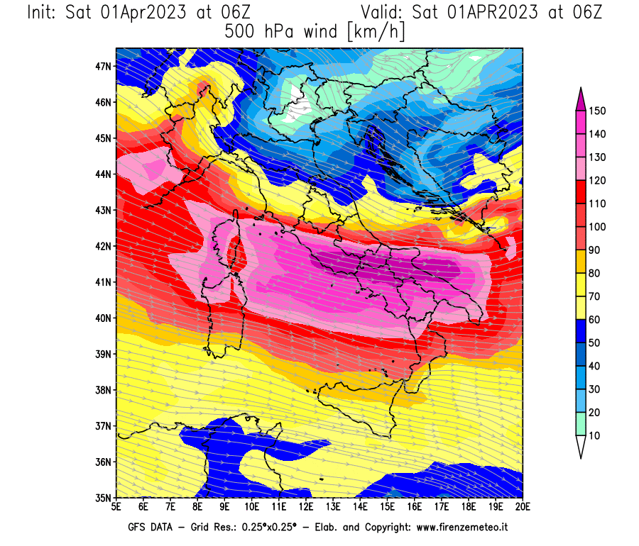 Mappa di analisi GFS - Velocità del vento a 500 hPa [km/h] in Italia
							del 01/04/2023 06 <!--googleoff: index-->UTC<!--googleon: index-->
