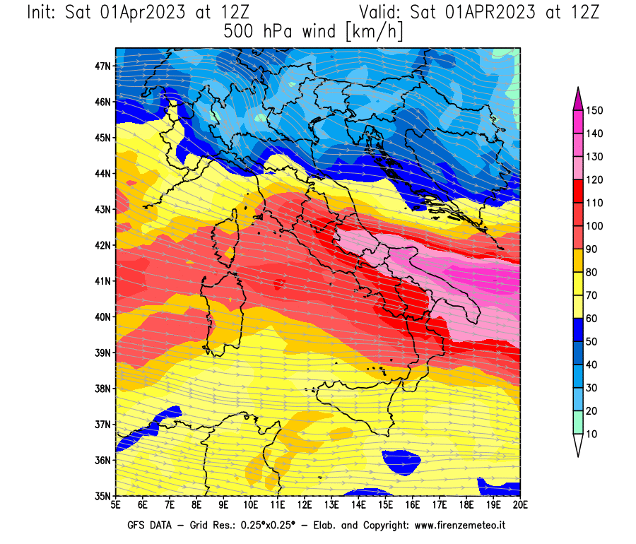 Mappa di analisi GFS - Velocità del vento a 500 hPa [km/h] in Italia
							del 01/04/2023 12 <!--googleoff: index-->UTC<!--googleon: index-->