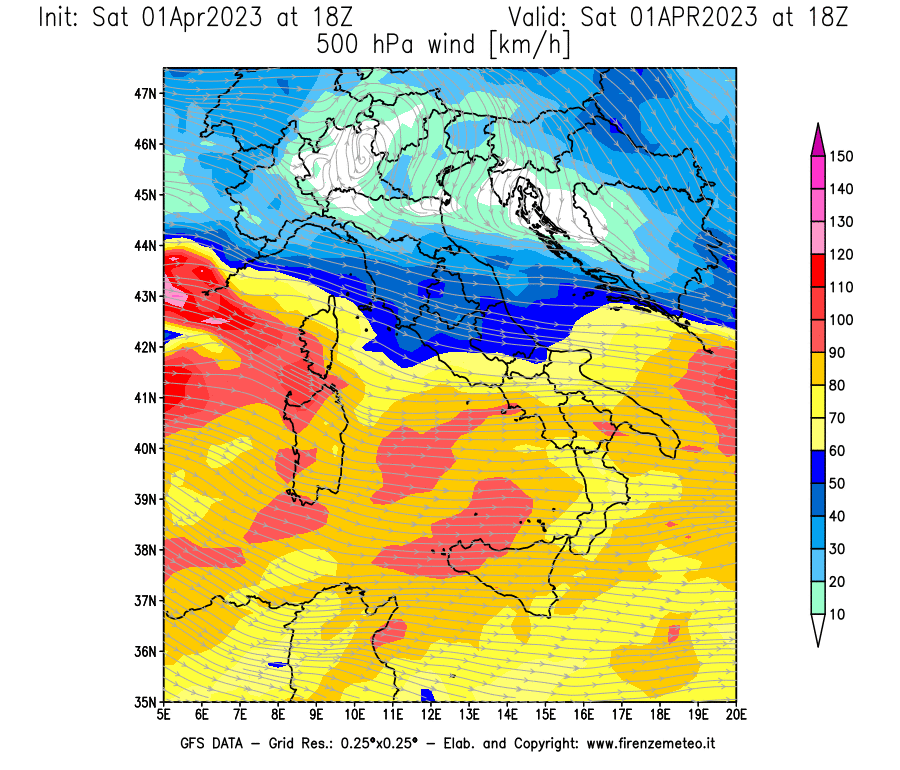 Mappa di analisi GFS - Velocità del vento a 500 hPa [km/h] in Italia
							del 01/04/2023 18 <!--googleoff: index-->UTC<!--googleon: index-->