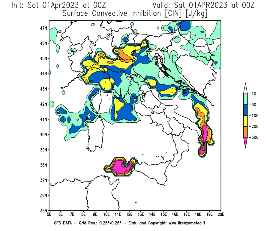Mappa di analisi GFS - CIN [J/kg] in Italia
							del 01/04/2023 00 <!--googleoff: index-->UTC<!--googleon: index-->