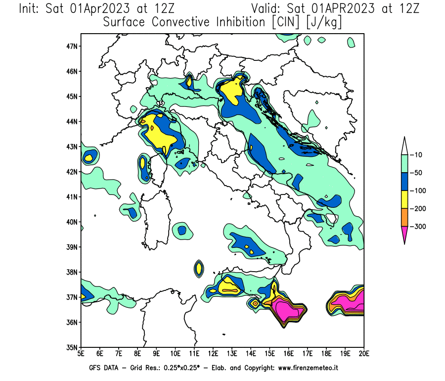 Mappa di analisi GFS - CIN [J/kg] in Italia
							del 01/04/2023 12 <!--googleoff: index-->UTC<!--googleon: index-->