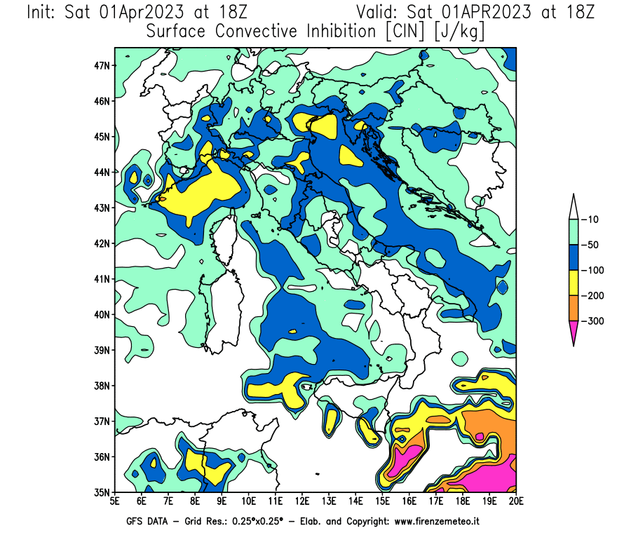 Mappa di analisi GFS - CIN [J/kg] in Italia
							del 01/04/2023 18 <!--googleoff: index-->UTC<!--googleon: index-->