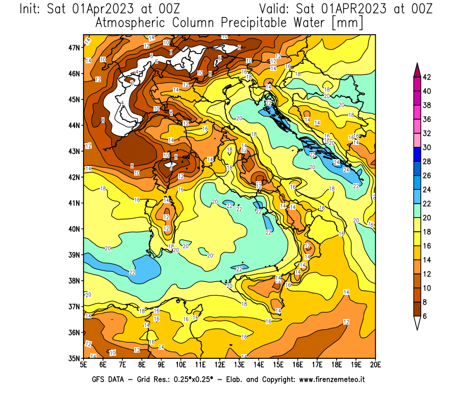 GFS analysi map - Precipitable Water [mm] in Italy
									on 01/04/2023 00 <!--googleoff: index-->UTC<!--googleon: index-->