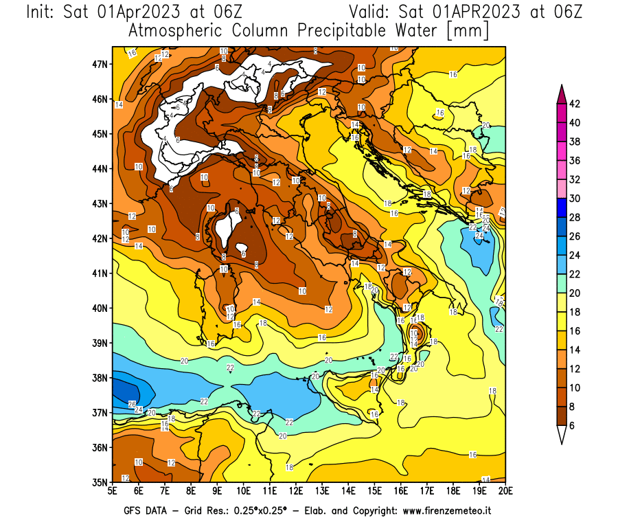 GFS analysi map - Precipitable Water [mm] in Italy
									on 01/04/2023 06 <!--googleoff: index-->UTC<!--googleon: index-->