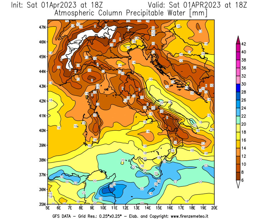 GFS analysi map - Precipitable Water [mm] in Italy
									on 01/04/2023 18 <!--googleoff: index-->UTC<!--googleon: index-->