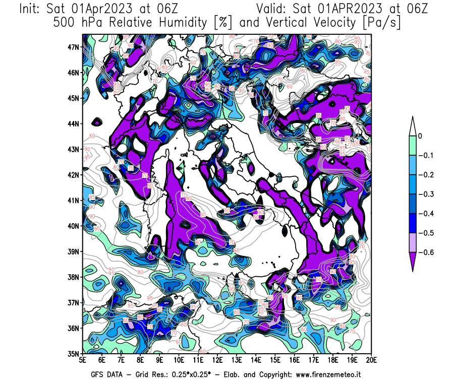 Mappa di analisi GFS - Umidità relativa [%] e Omega [Pa/s] a 500 hPa in Italia
							del 01/04/2023 06 <!--googleoff: index-->UTC<!--googleon: index-->