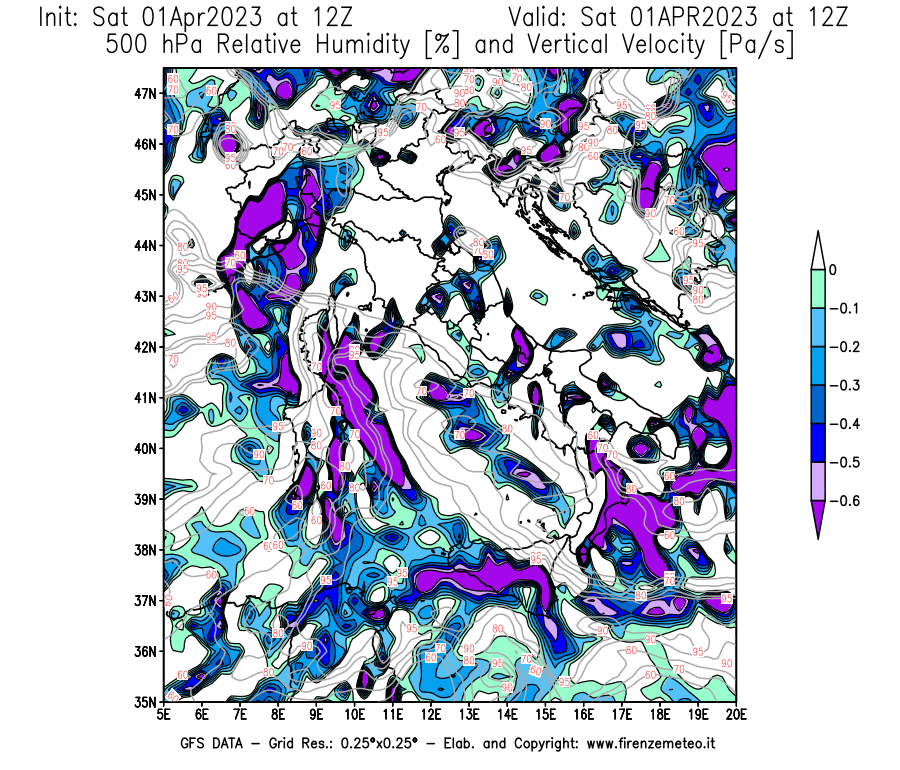 Mappa di analisi GFS - Umidità relativa [%] e Omega [Pa/s] a 500 hPa in Italia
							del 01/04/2023 12 <!--googleoff: index-->UTC<!--googleon: index-->