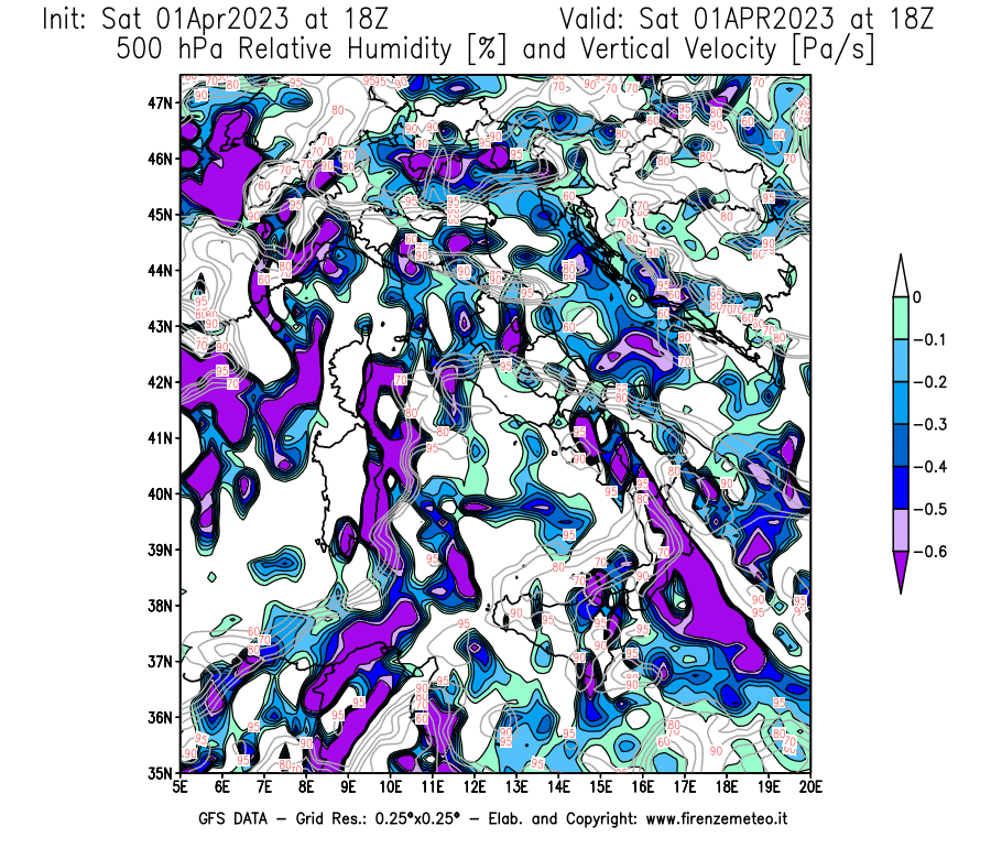 Mappa di analisi GFS - Umidità relativa [%] e Omega [Pa/s] a 500 hPa in Italia
							del 01/04/2023 18 <!--googleoff: index-->UTC<!--googleon: index-->