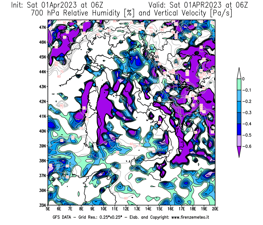 Mappa di analisi GFS - Umidità relativa [%] e Omega [Pa/s] a 700 hPa in Italia
							del 01/04/2023 06 <!--googleoff: index-->UTC<!--googleon: index-->