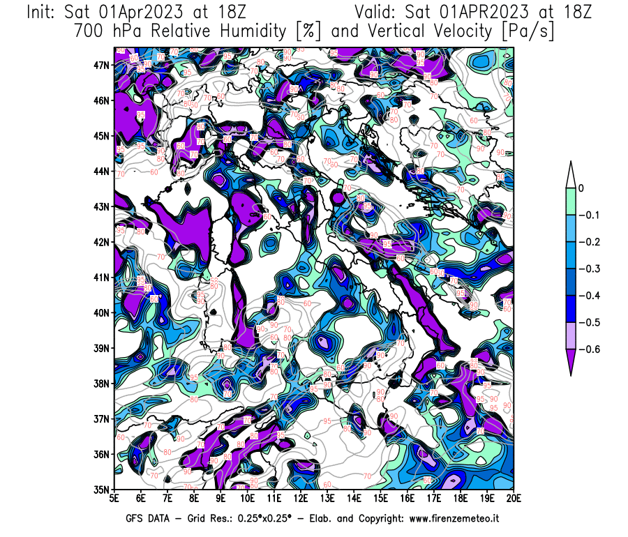 Mappa di analisi GFS - Umidità relativa [%] e Omega [Pa/s] a 700 hPa in Italia
							del 01/04/2023 18 <!--googleoff: index-->UTC<!--googleon: index-->