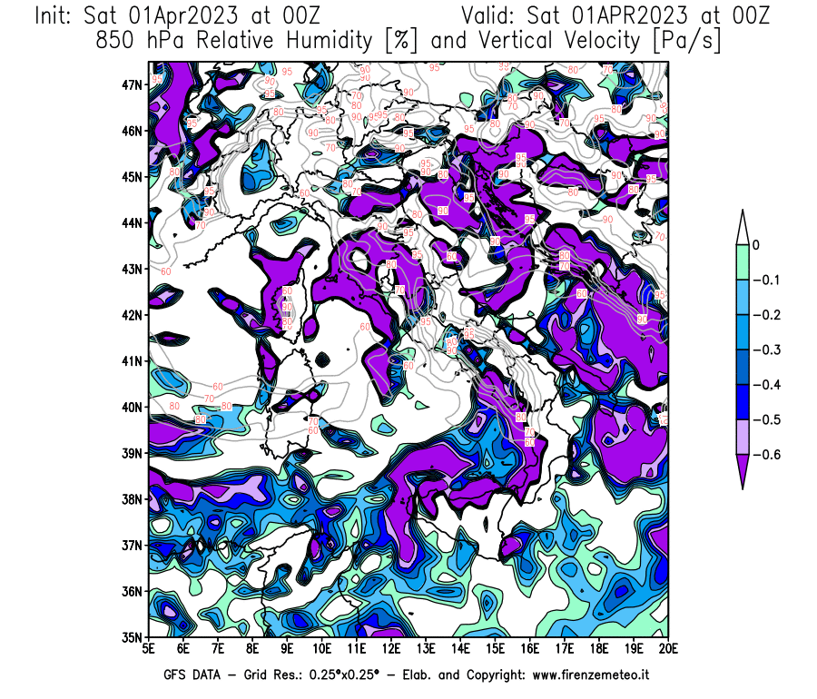 Mappa di analisi GFS - Umidità relativa [%] e Omega [Pa/s] a 850 hPa in Italia
							del 01/04/2023 00 <!--googleoff: index-->UTC<!--googleon: index-->