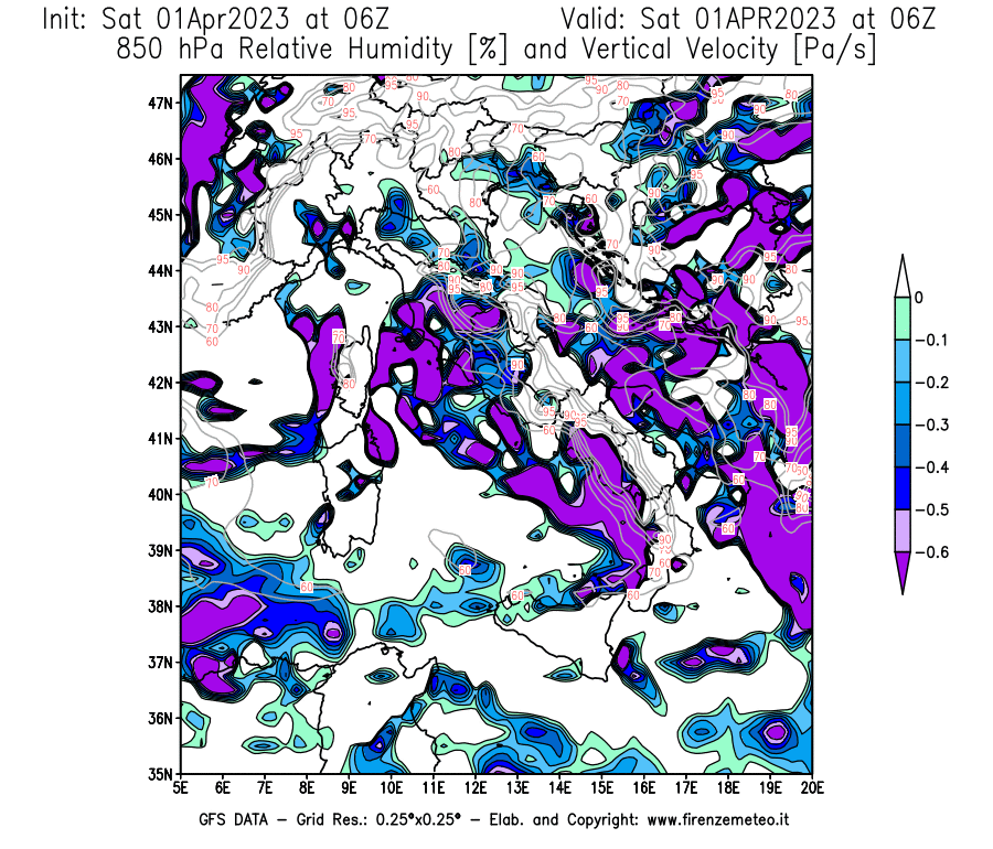 Mappa di analisi GFS - Umidità relativa [%] e Omega [Pa/s] a 850 hPa in Italia
							del 01/04/2023 06 <!--googleoff: index-->UTC<!--googleon: index-->