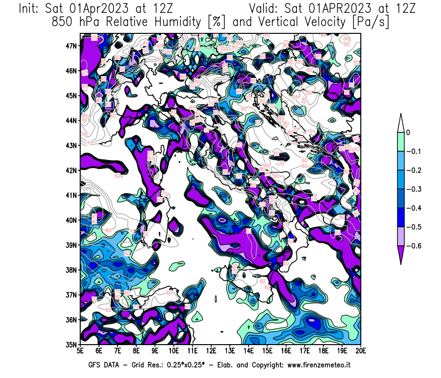 Mappa di analisi GFS - Umidità relativa [%] e Omega [Pa/s] a 850 hPa in Italia
							del 01/04/2023 12 <!--googleoff: index-->UTC<!--googleon: index-->