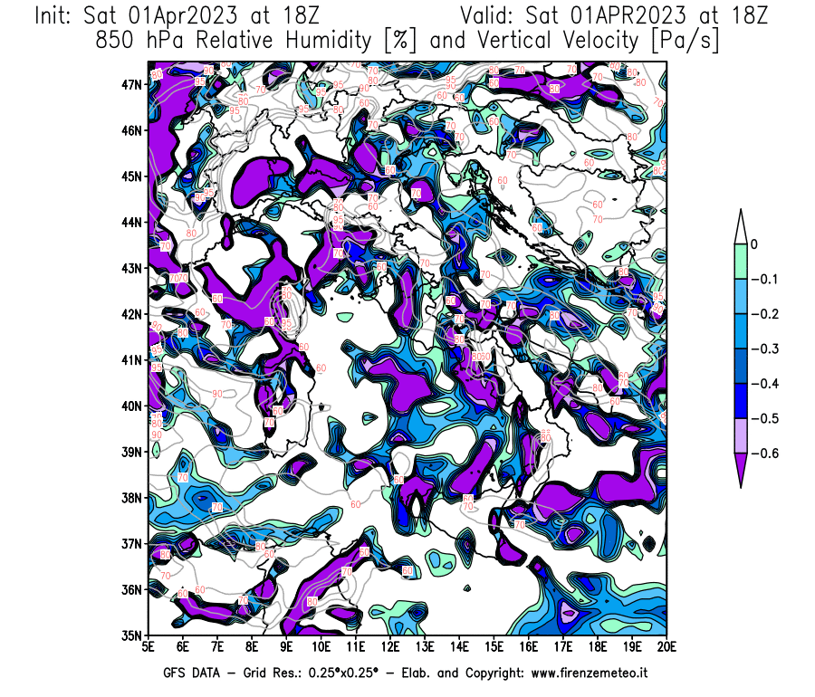 Mappa di analisi GFS - Umidità relativa [%] e Omega [Pa/s] a 850 hPa in Italia
							del 01/04/2023 18 <!--googleoff: index-->UTC<!--googleon: index-->