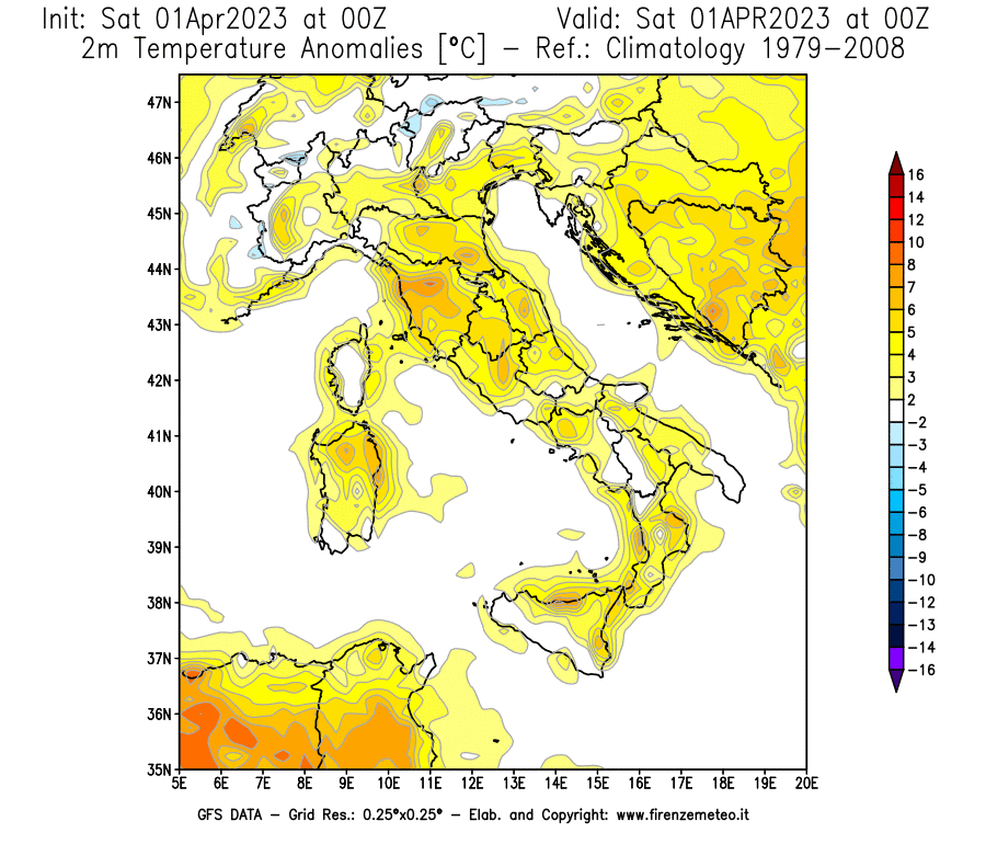 Mappa di analisi GFS - Anomalia Temperatura [°C] a 2 m in Italia
							del 01/04/2023 00 <!--googleoff: index-->UTC<!--googleon: index-->