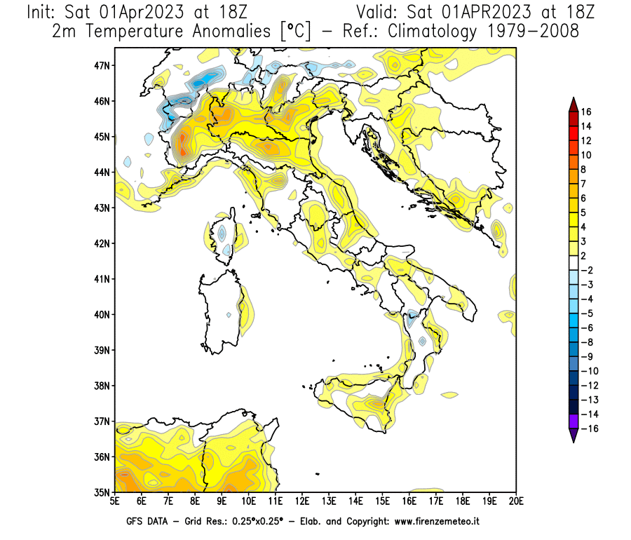 Mappa di analisi GFS - Anomalia Temperatura [°C] a 2 m in Italia
							del 01/04/2023 18 <!--googleoff: index-->UTC<!--googleon: index-->