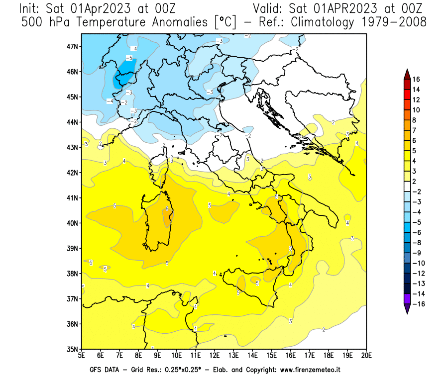 Mappa di analisi GFS - Anomalia Temperatura [°C] a 500 hPa in Italia
							del 01/04/2023 00 <!--googleoff: index-->UTC<!--googleon: index-->