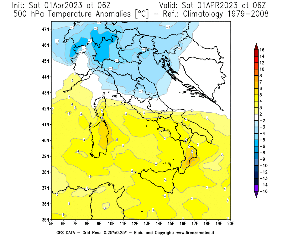 Mappa di analisi GFS - Anomalia Temperatura [°C] a 500 hPa in Italia
							del 01/04/2023 06 <!--googleoff: index-->UTC<!--googleon: index-->