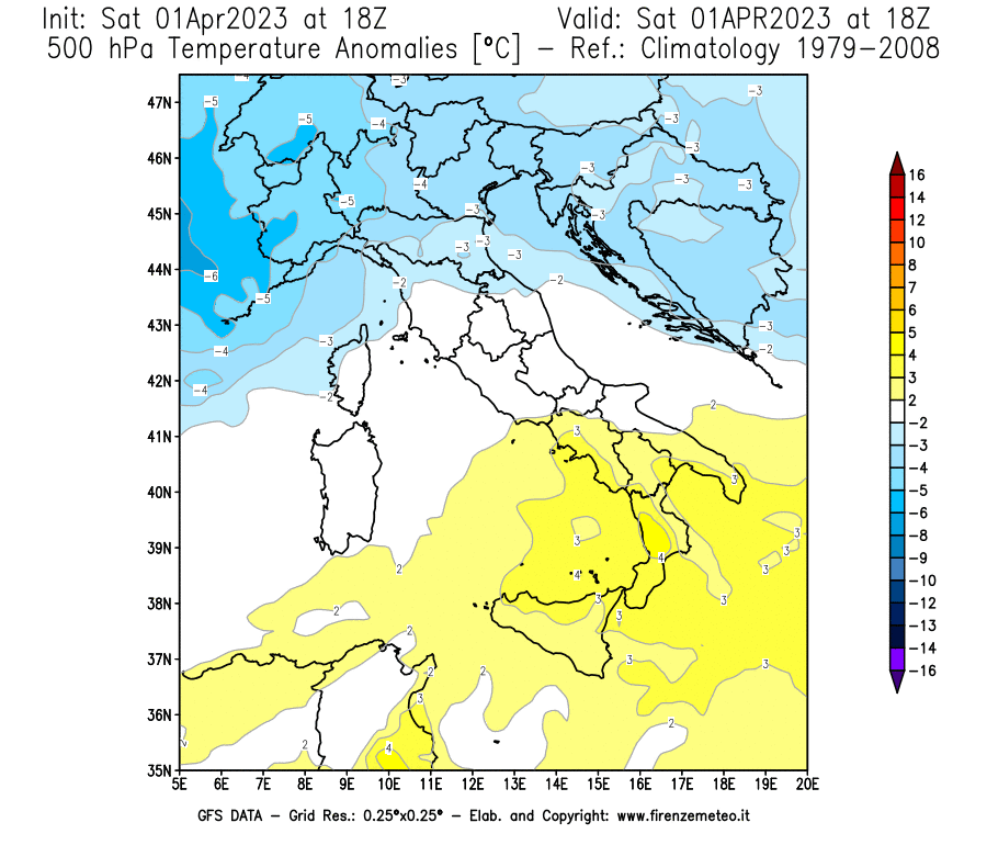 GFS analysi map - Temperature Anomalies [°C] at 500 hPa in Italy
									on 01/04/2023 18 <!--googleoff: index-->UTC<!--googleon: index-->