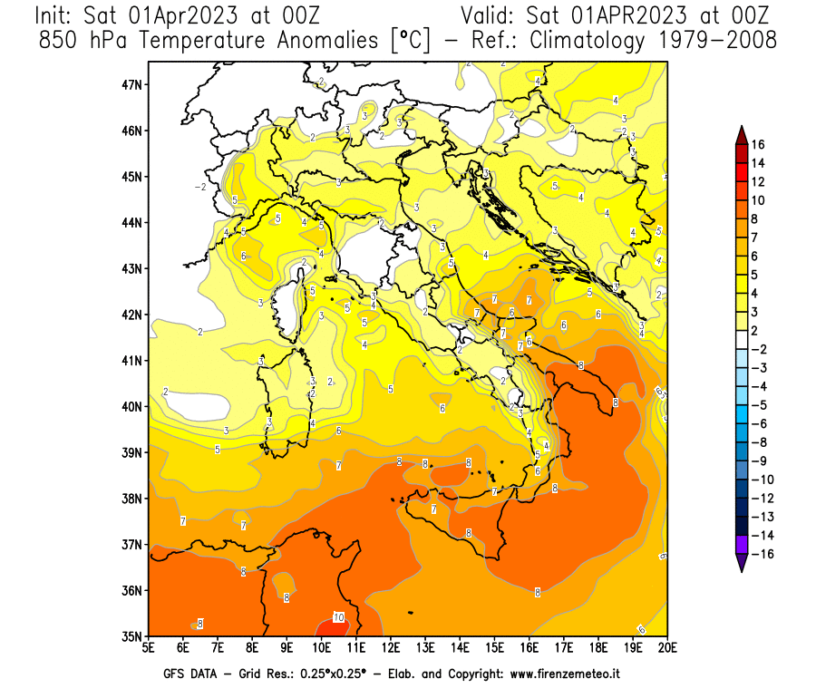 Mappa di analisi GFS - Anomalia Temperatura [°C] a 850 hPa in Italia
							del 01/04/2023 00 <!--googleoff: index-->UTC<!--googleon: index-->