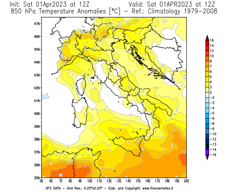 Mappa di analisi GFS - Anomalia Temperatura [°C] a 850 hPa in Italia
							del 01/04/2023 12 <!--googleoff: index-->UTC<!--googleon: index-->