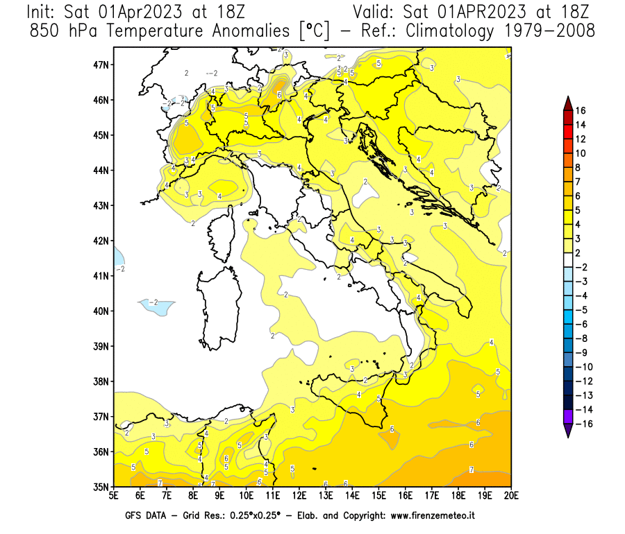 GFS analysi map - Temperature Anomalies [°C] at 850 hPa in Italy
									on 01/04/2023 18 <!--googleoff: index-->UTC<!--googleon: index-->
