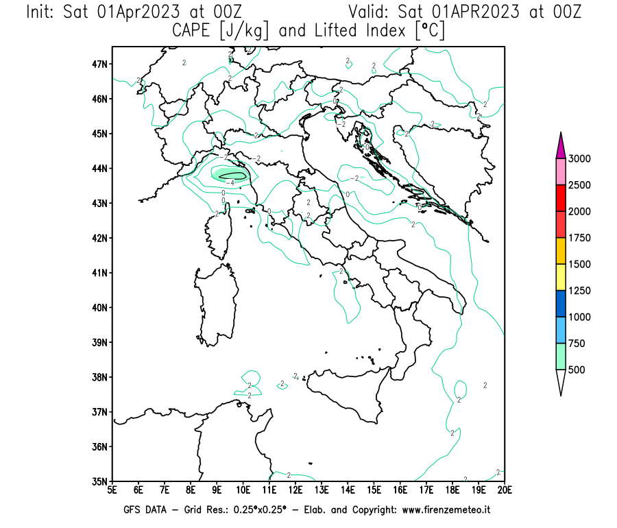 GFS analysi map - CAPE [J/kg] and Lifted Index [°C] in Italy
									on 01/04/2023 00 <!--googleoff: index-->UTC<!--googleon: index-->