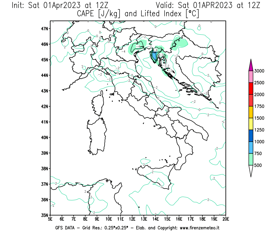 Mappa di analisi GFS - CAPE [J/kg] e Lifted Index [°C] in Italia
							del 01/04/2023 12 <!--googleoff: index-->UTC<!--googleon: index-->