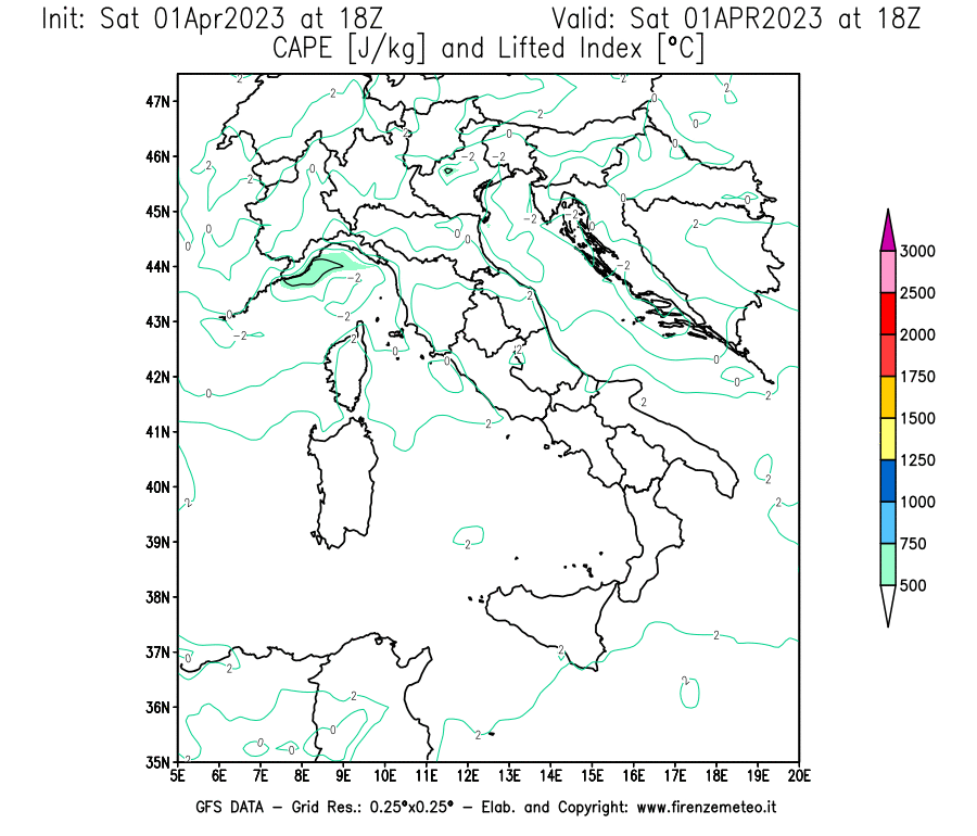 Mappa di analisi GFS - CAPE [J/kg] e Lifted Index [°C] in Italia
							del 01/04/2023 18 <!--googleoff: index-->UTC<!--googleon: index-->