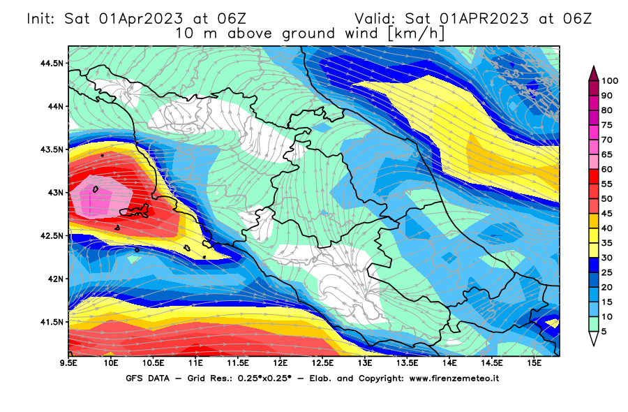 Mappa di analisi GFS - Velocità del vento a 10 metri dal suolo [km/h] in Centro-Italia
							del 01/04/2023 06 <!--googleoff: index-->UTC<!--googleon: index-->