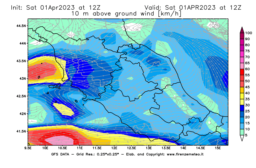 GFS analysi map - Wind Speed at 10 m above ground [km/h] in Central Italy
									on 01/04/2023 12 <!--googleoff: index-->UTC<!--googleon: index-->