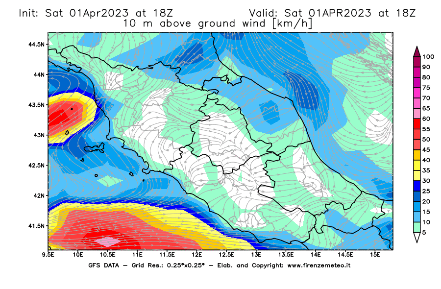 Mappa di analisi GFS - Velocità del vento a 10 metri dal suolo [km/h] in Centro-Italia
							del 01/04/2023 18 <!--googleoff: index-->UTC<!--googleon: index-->
