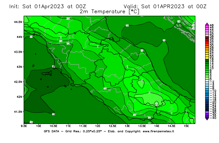 Mappa di analisi GFS - Temperatura a 2 metri dal suolo [°C] in Centro-Italia
							del 01/04/2023 00 <!--googleoff: index-->UTC<!--googleon: index-->