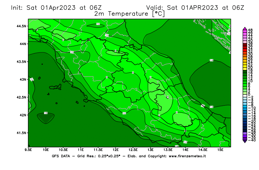 GFS analysi map - Temperature at 2 m above ground [°C] in Central Italy
									on 01/04/2023 06 <!--googleoff: index-->UTC<!--googleon: index-->