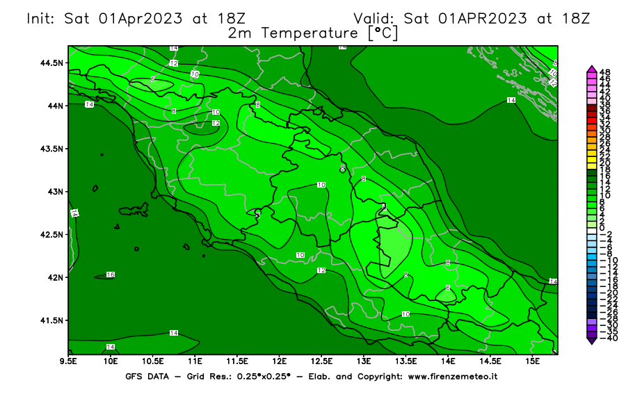 GFS analysi map - Temperature at 2 m above ground [°C] in Central Italy
									on 01/04/2023 18 <!--googleoff: index-->UTC<!--googleon: index-->